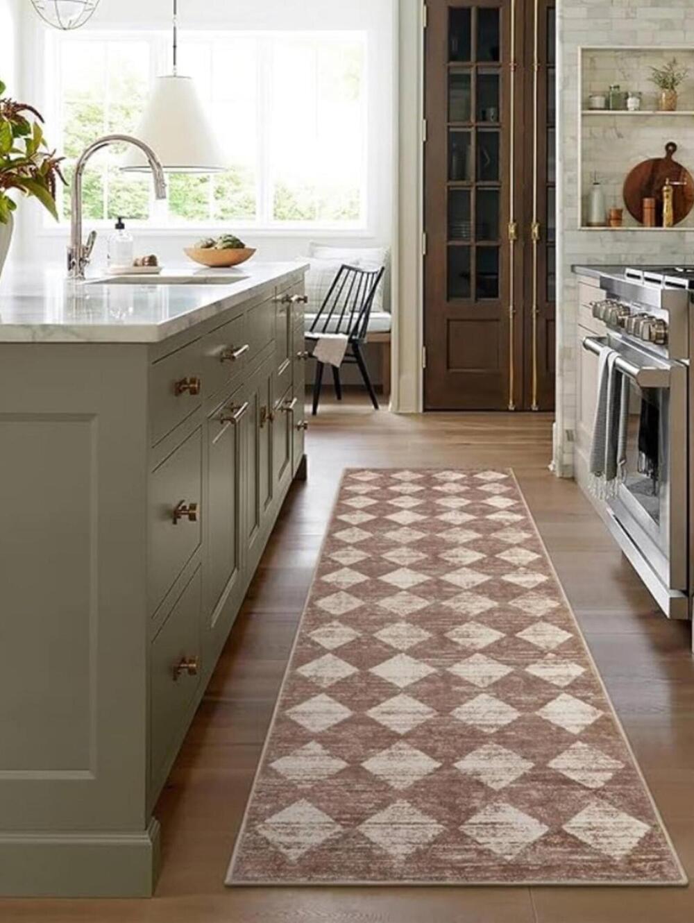 🆕 Mushroom & Ivory Check Checker Plaid 2’ x 8’ MACHINE WASHABLE Long Runner Rug